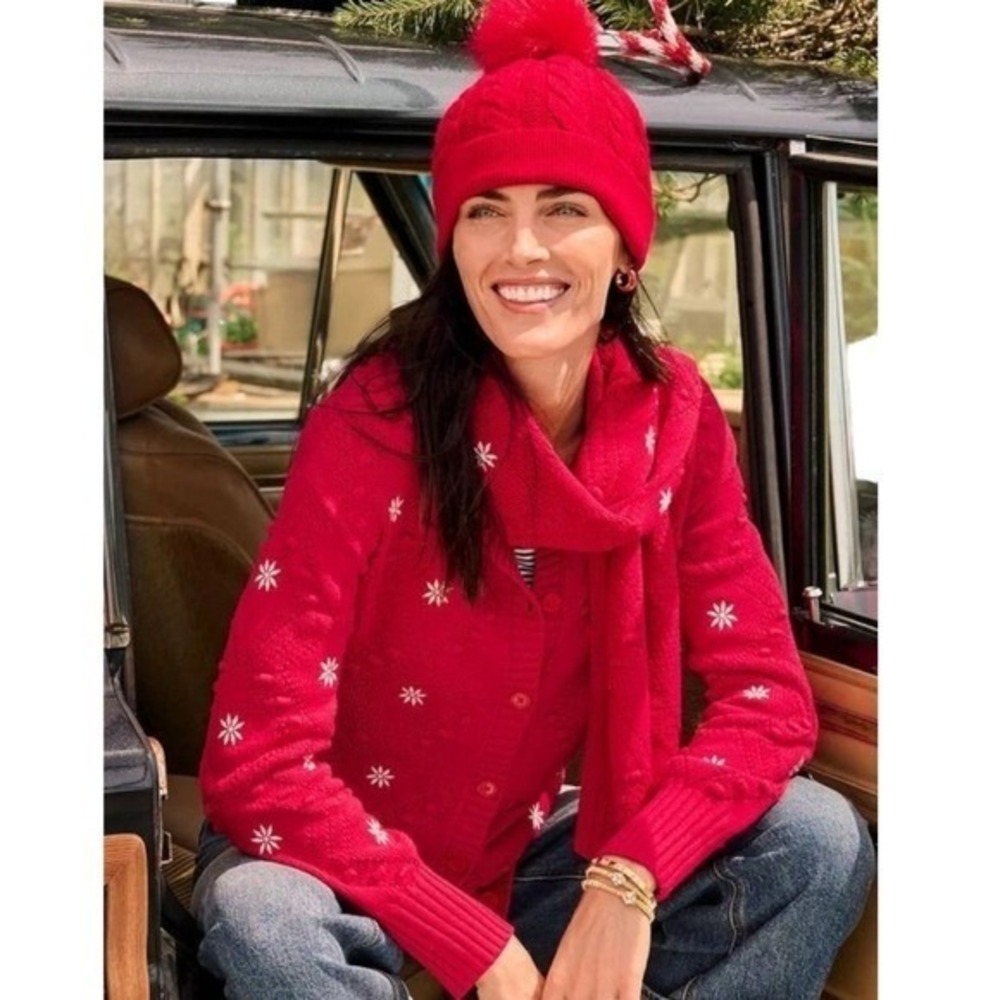 Talbots Holiday Cardigan Red Embroidered Snowflake Sweater‎ Sz S